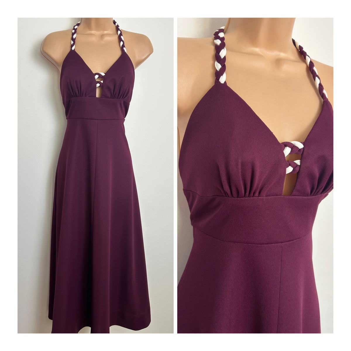 Vintage 1970s PEGGY PAGE Size 6-8 Plum Purple Plaited Strap Detail Maxi Dress
