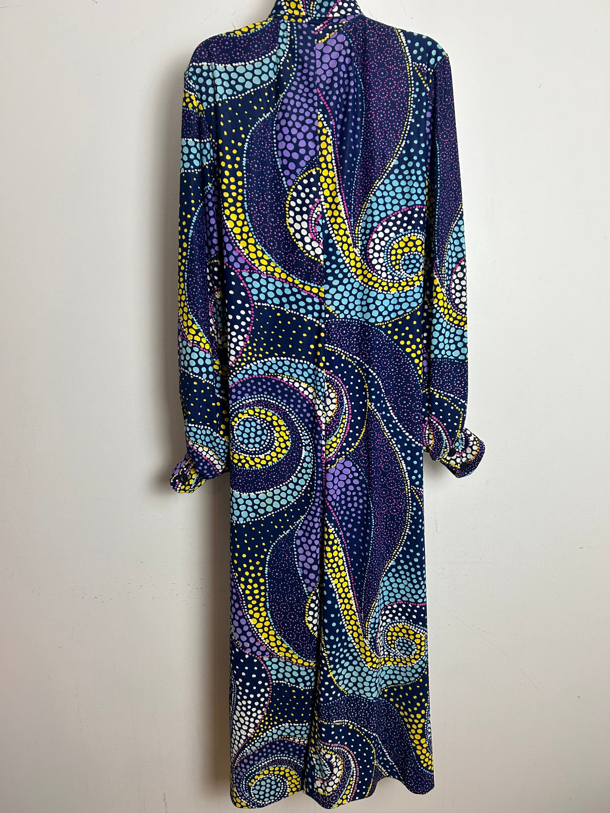 Vintage 1970s DELSWA Size 14-16 Navy Blue Multicoloured Spotty Paisley Print Balloon Sleeve Maxi Dress
