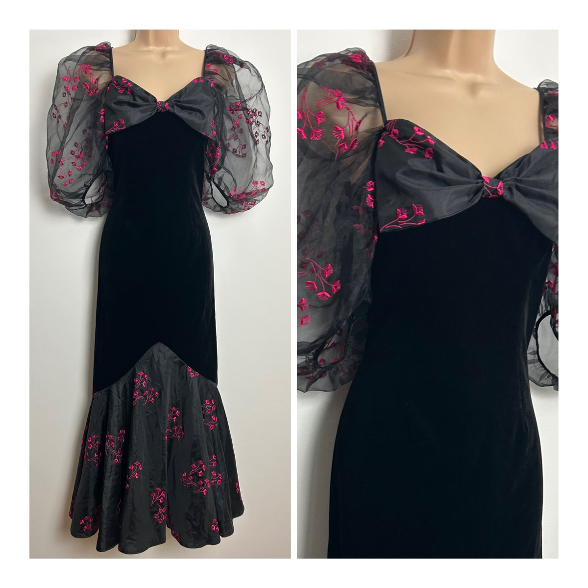 Vintage 1980s Size 8 Black & Pink Velvet & Chiffon Puffed Sleeve Fitted Fishtail Party Occasion Dress