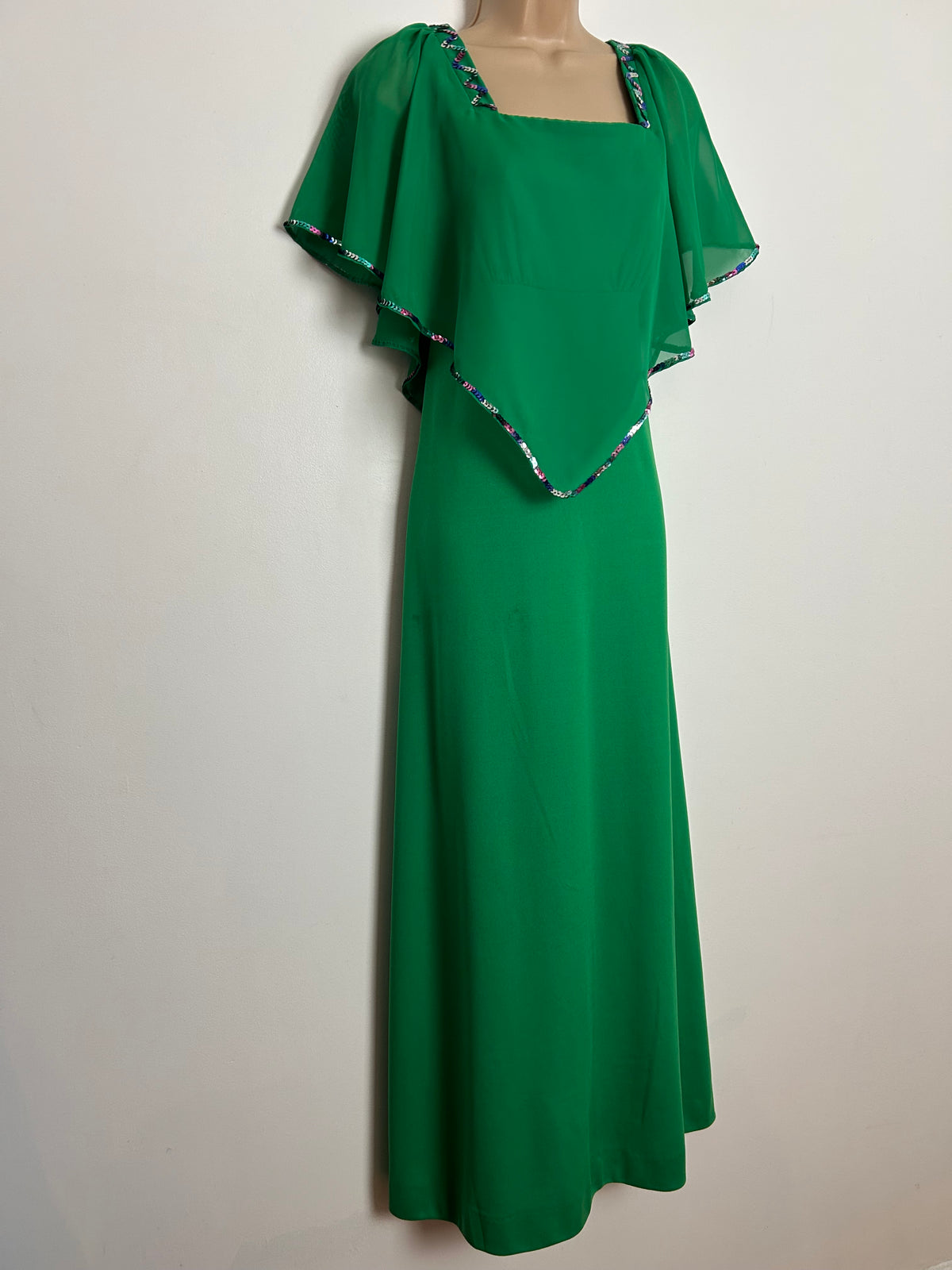 Vintage 1970s UK Size 10 Green Chiffon Cape Sleeve Sequin Embellished Occasion Maxi Dress