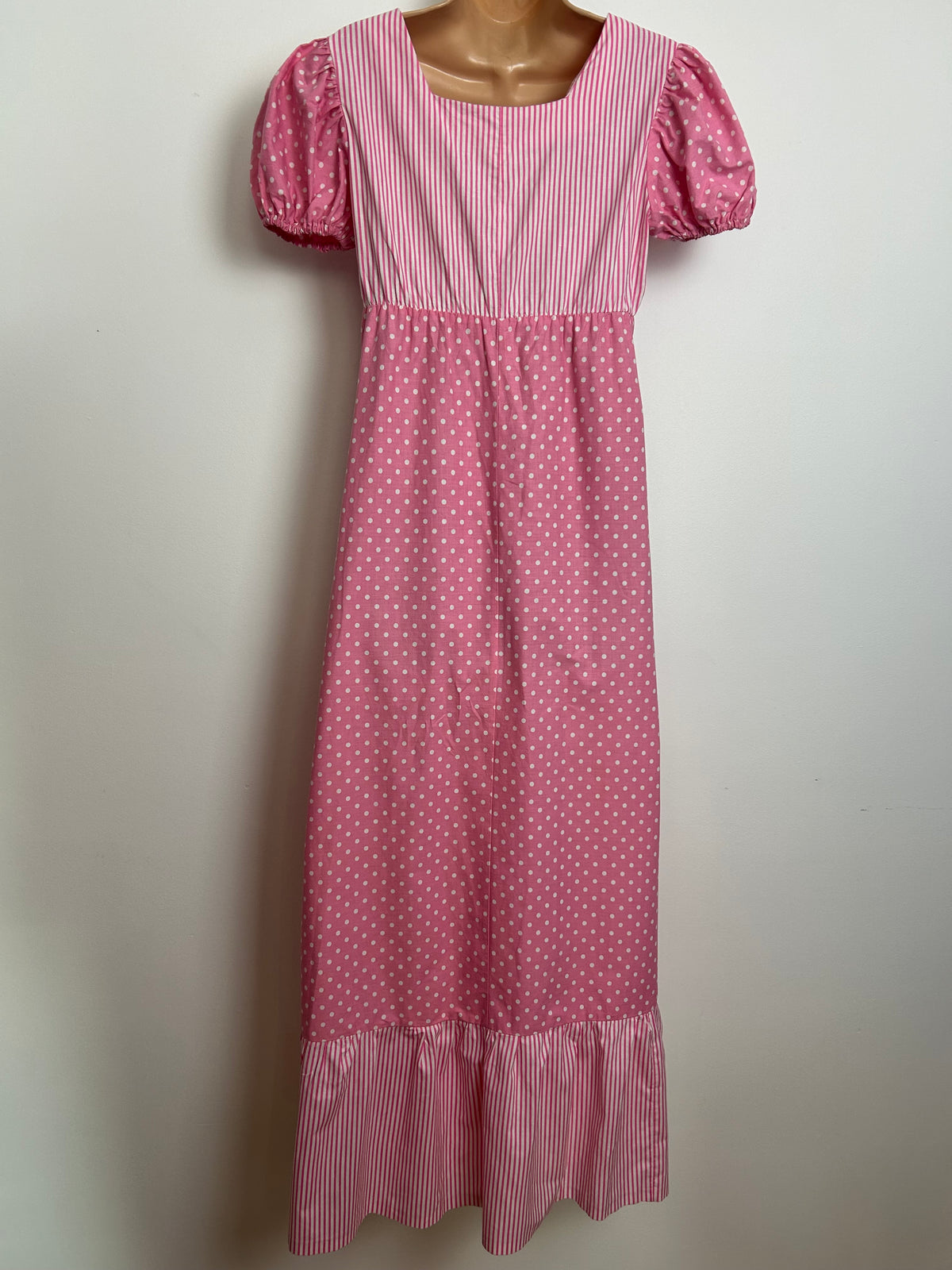 Vintage 1970s Size 10 Pink & White Polka Dot & Stripe Print Cotton Prairie Maxi Dress