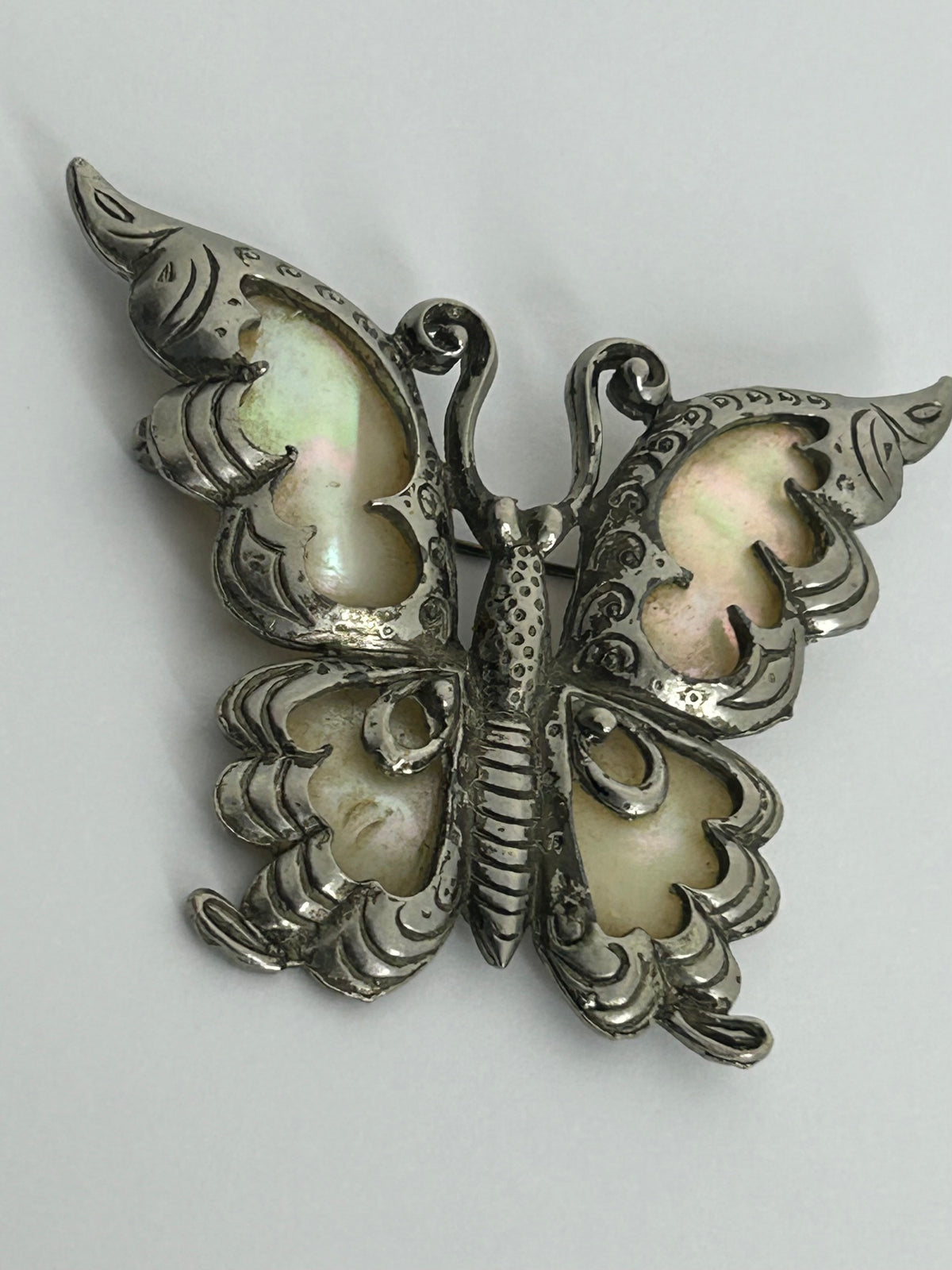 Vintage Absolutely Beautiful Large Silver Tone Mother Of Pearl Set Orange Butterfly Brooch