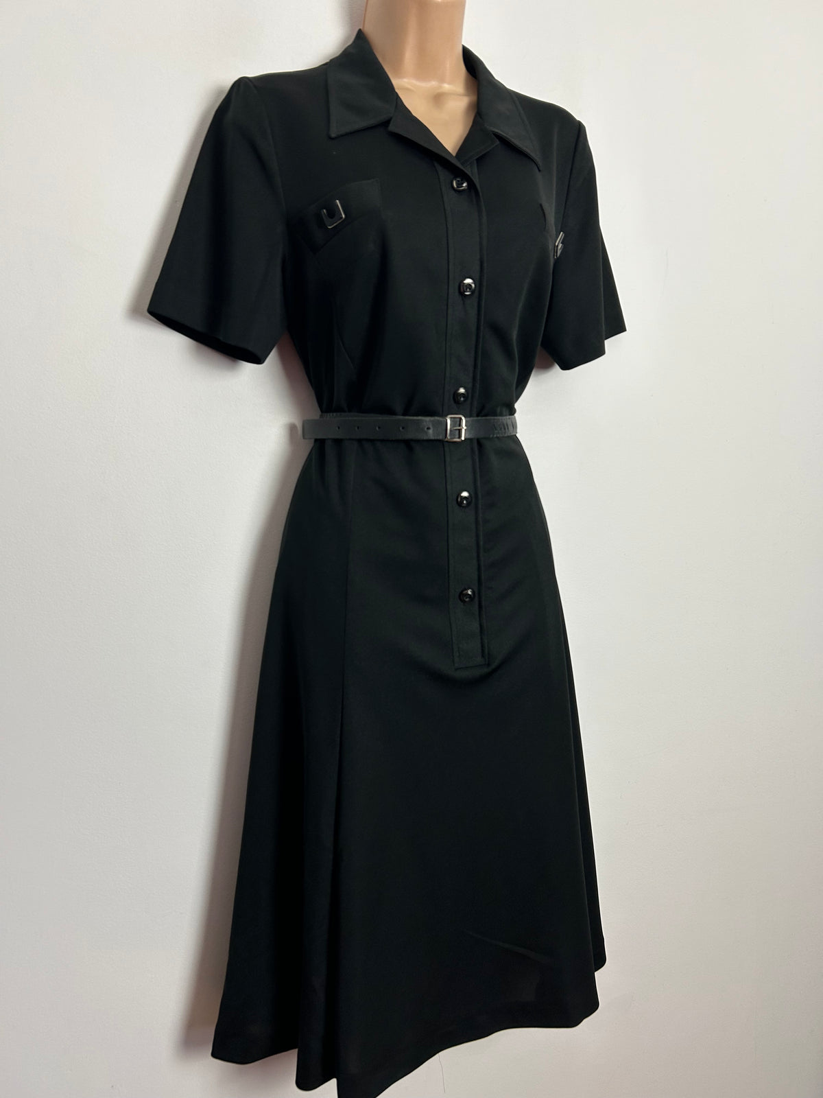 Vintage 1970s UK Size 12 Black Collared Mock Pocket Detail Belted Day Dress