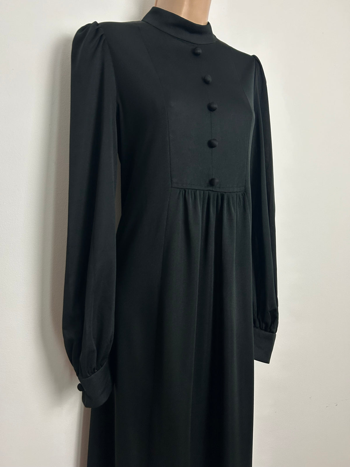 Vintage 1970s DEBENHAMS Size 14 Black Long Sleeve High Neck Classic Black Maxi Dress