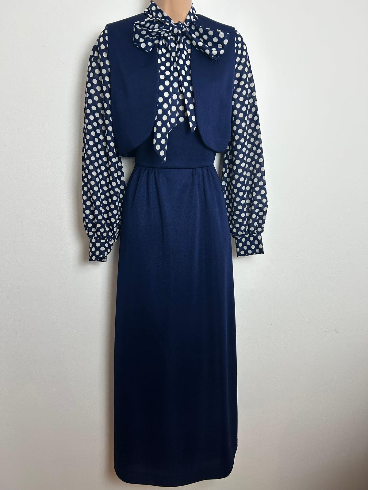 Vintage 1970s BARNABY Size 8 Navy Blue & White Polka Dot Pussy Bow Maxi Dress & Matching Waistcoat