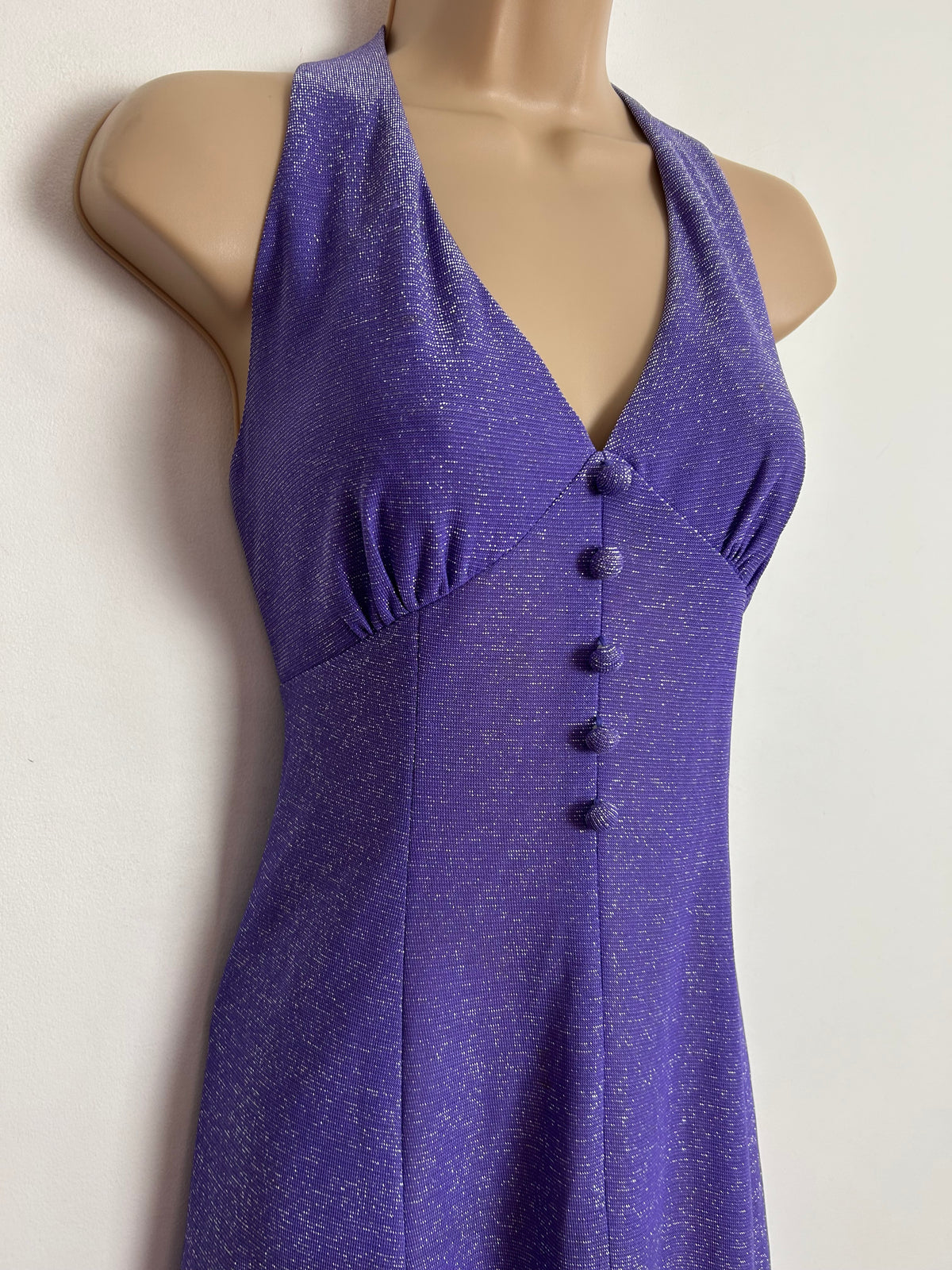 Vintage 1970s PEGGY PAGE UK Size 8 Purple Lurex Halterneck Party Occasion Maxi Dress