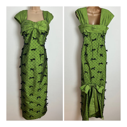 Vintage Late 1950s Size 12 Green & Black Polka Dot Mesh Bow Detail Occasion Evening Ballgown