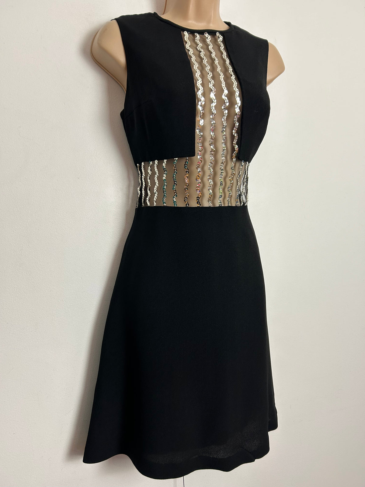 Vintage 1960s JOBI UK Size 8 Black Mesh & Sequin Panelled Mod Party Occasion Shift Dress