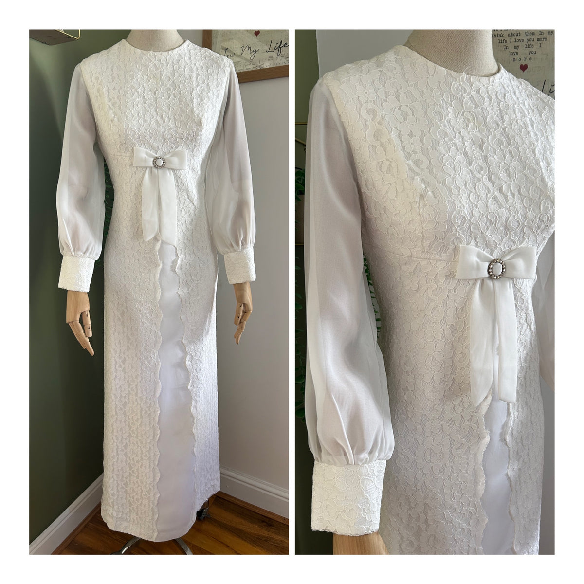 Vintage 1960s Size 10 White Lace & Satin Bow Detail Long Sleeve Wedding Dress
