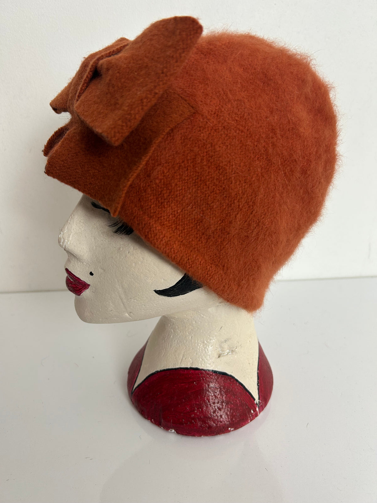 Vintage Rusty Orange Angora & Wool Mix Bow Detail Beanie Hat