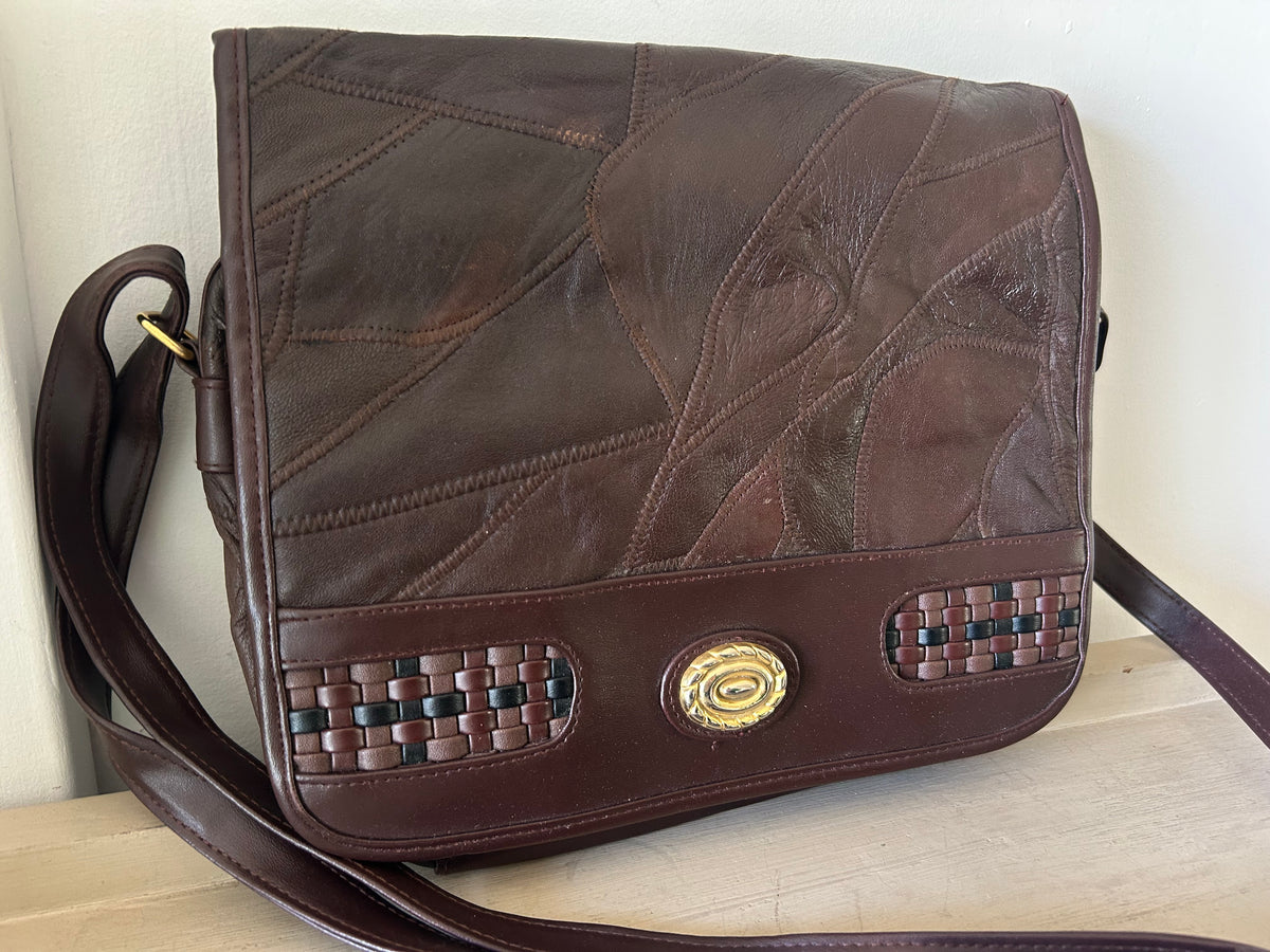 Vintage 1980s Brown Leather Patchwork Style Shoulder Or Cross Body Bag