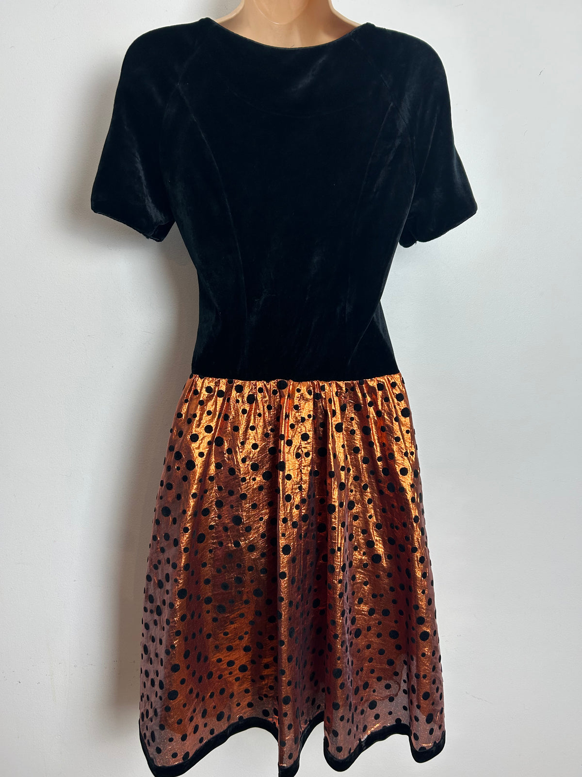 Vintage 1980s Size 10 Black & Bronze Velour & Taffeta Flock Polka Dot Party Prom Style Dress