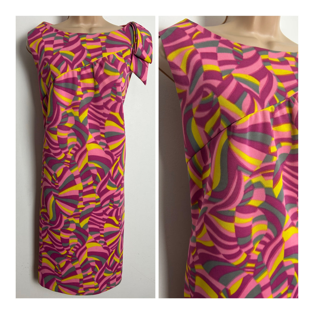 Vintage 1960s Size 14-16 Pink Yellow & Grey Psychedelic Print Bow Shoulder Detail Mod Shift Dress