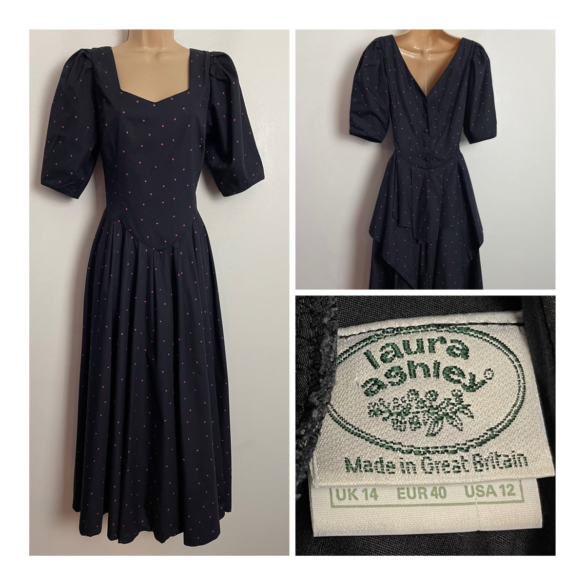 Vintage 1980s LAURA ASHLEY UK Size 10 ( Size 14 On Label) Black & Pink Polka Dot Print Midi Dress