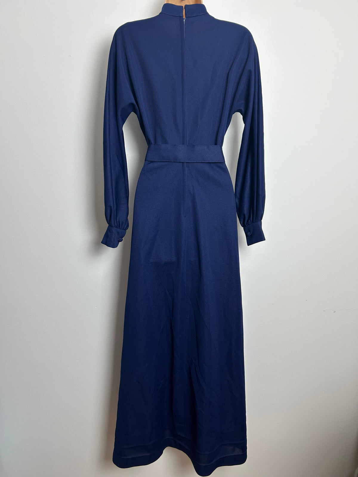Vintage 1970s Size 8-10 Navy Blue Long Sleeve Belted Maxi Dress