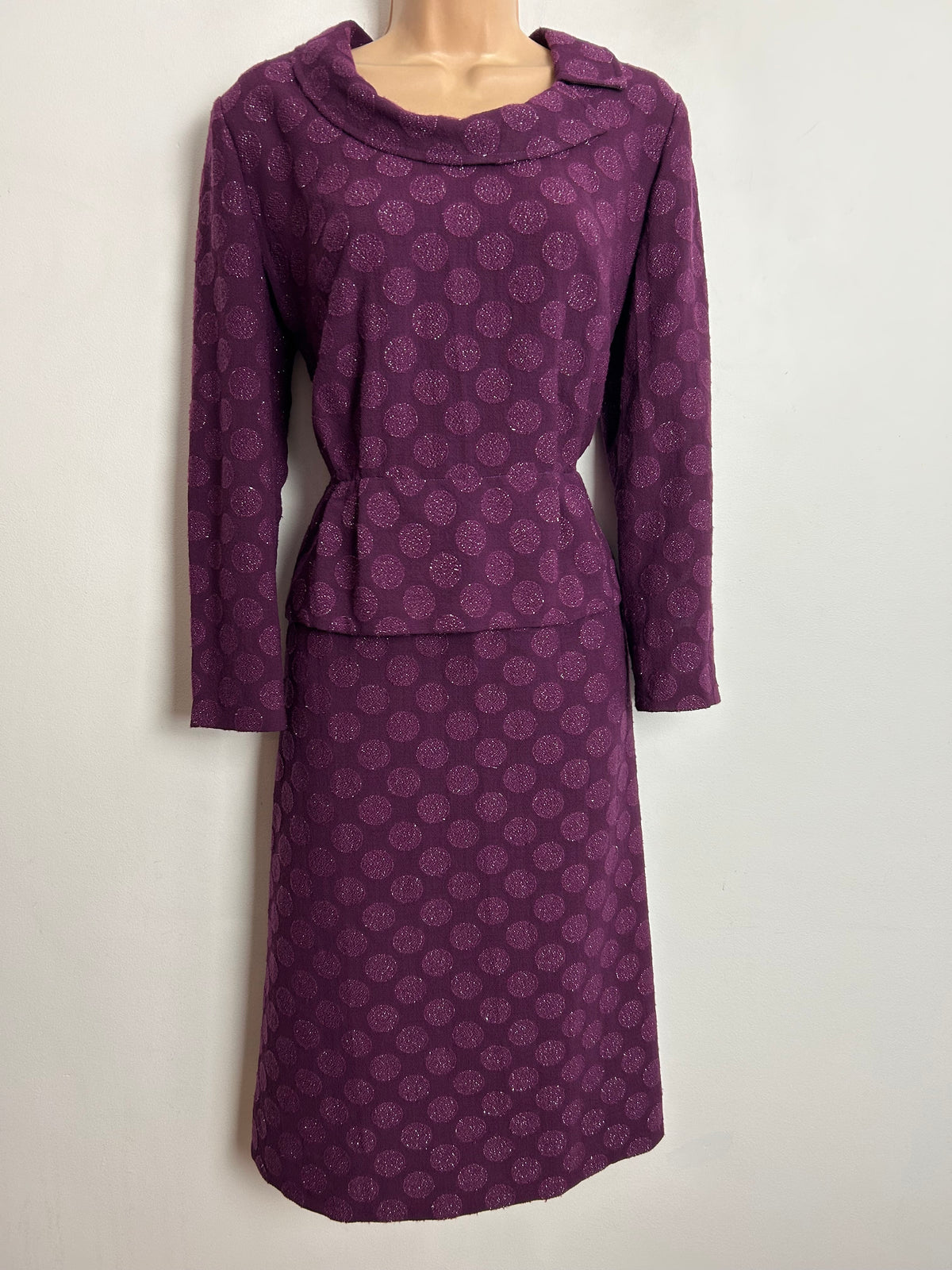 Vintage 1960s UK Size 12 Plum Purple Wool Mix Shimmer Circle Pattern Peplum Party Dress