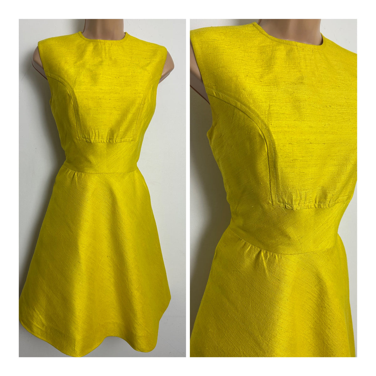 Vintage 1960s ROVILLE Size 8 Yellow Siam Silk Sleeveless Fit & Flare Mod Dress