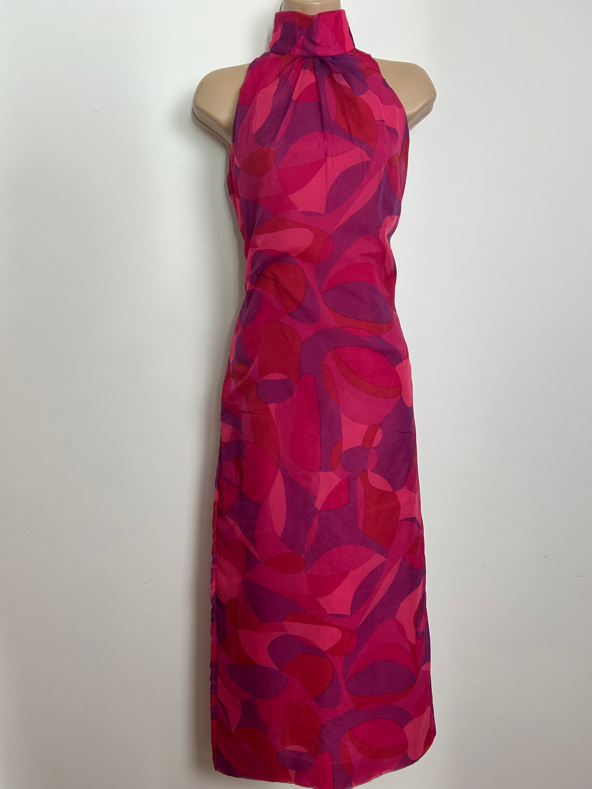 Vintage 1970s Size 10 Pink Tones Abstract Geo Print Sleeveless Midi Occasion Dress