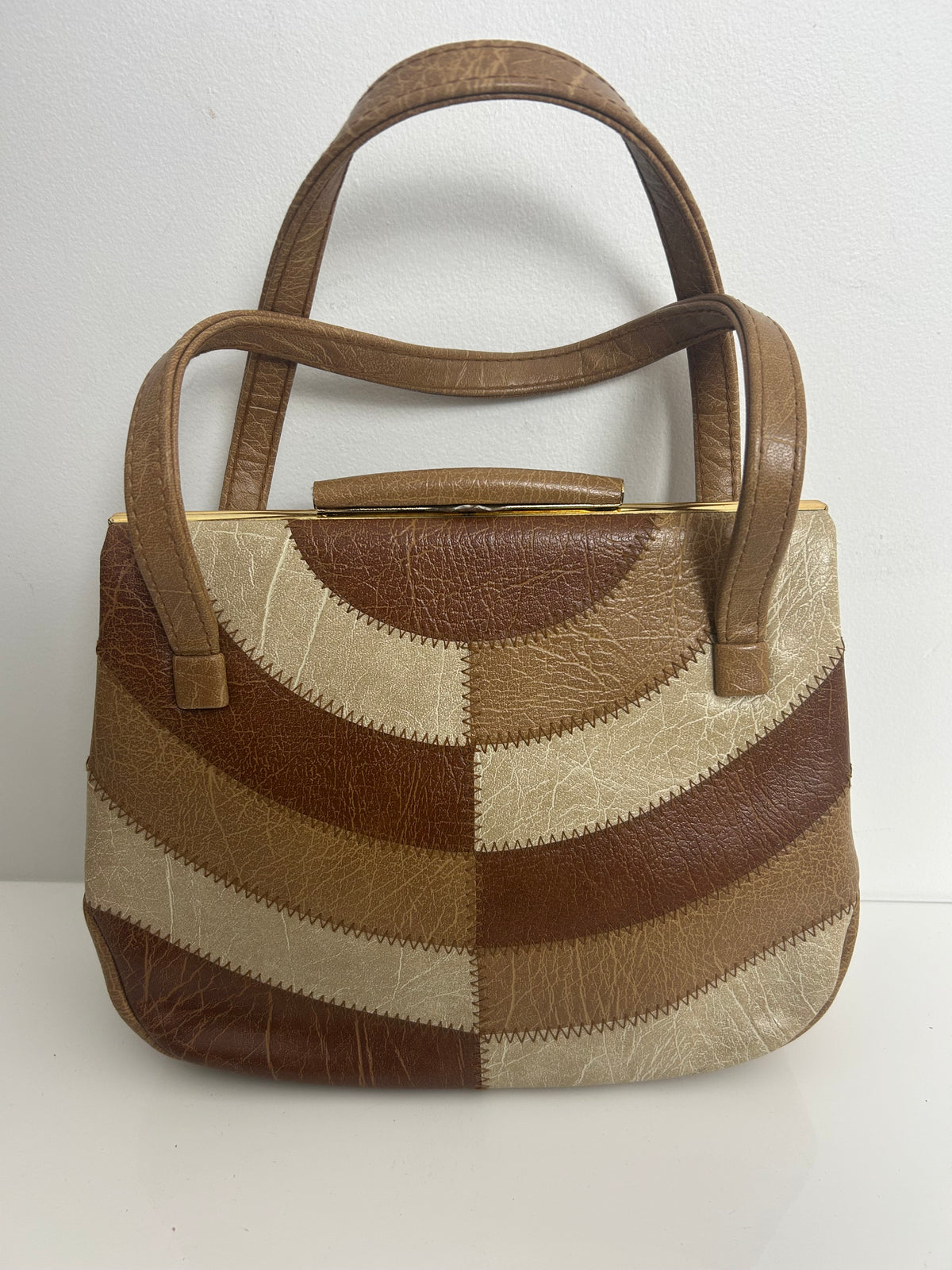 Vintage 1960s WEYMOUTH AMERICA Tan Brown & Beige Faux Leather Patchwork Panels Handbag