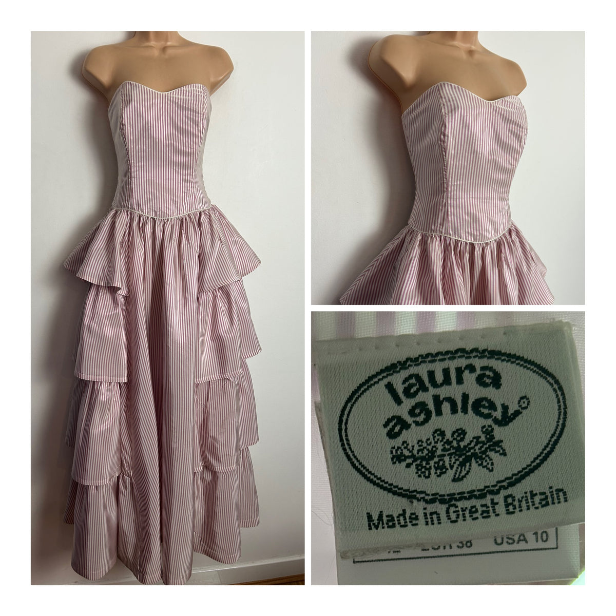 Vintage 80s LAURA ASHLEY UK Size 8 (Size 12 On Label) Strapless Pale Pink & White Stripe Tiered Full Length Ballgown