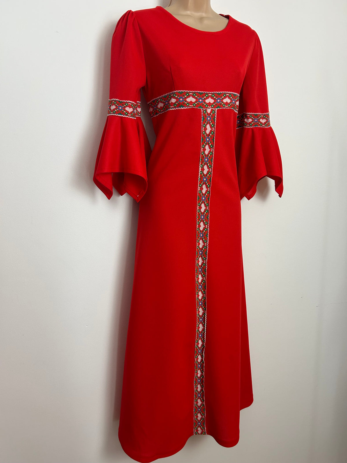 Vintage 1970s Size 10 Red & White Heart Braid Trim  Flared Cuff Boho Midaxi Dress