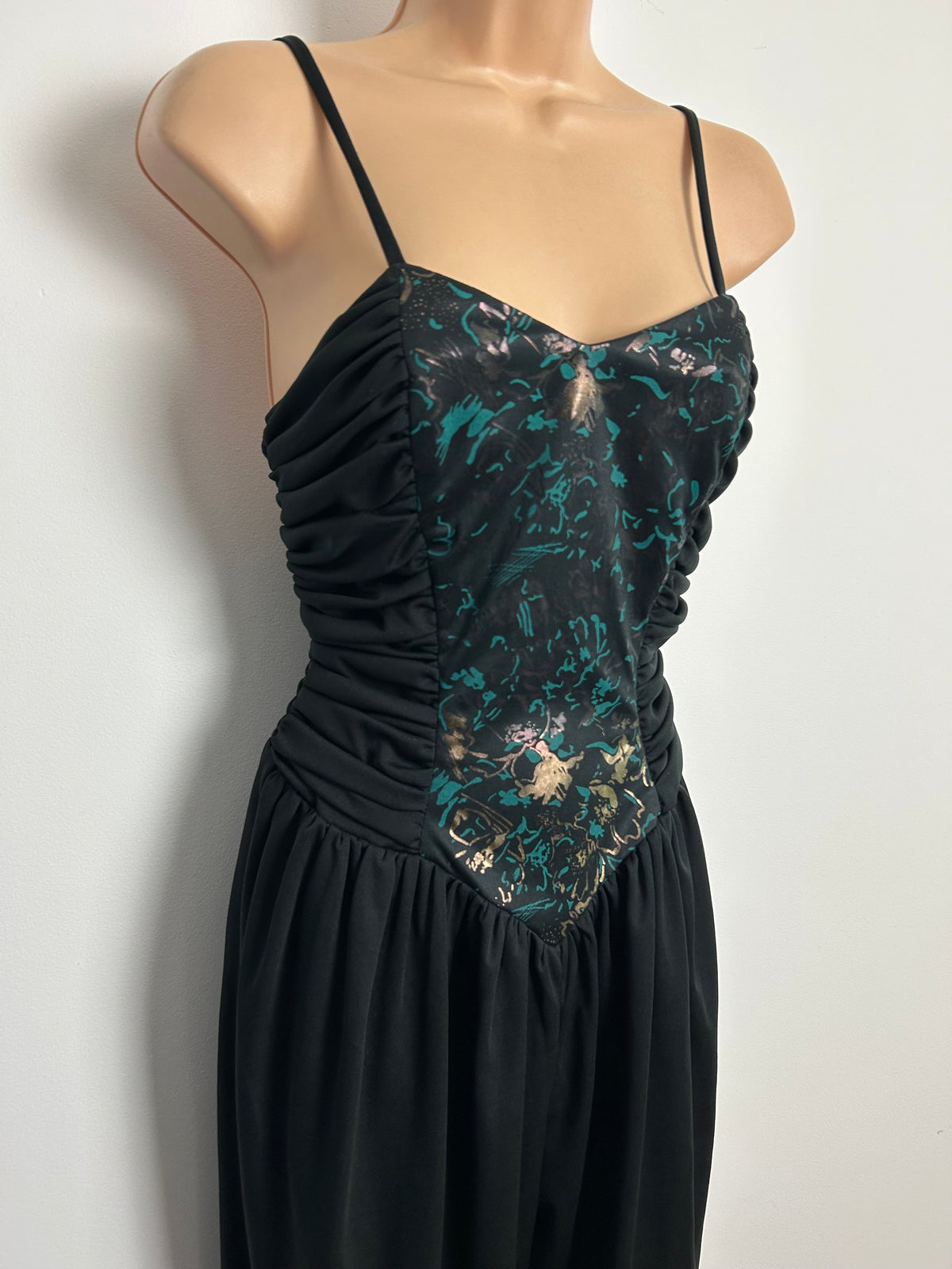 Vintage 1980s Size 10-12 Black Teal & Gold Ruched Bodice Strappy Party Evening Jumpsuit