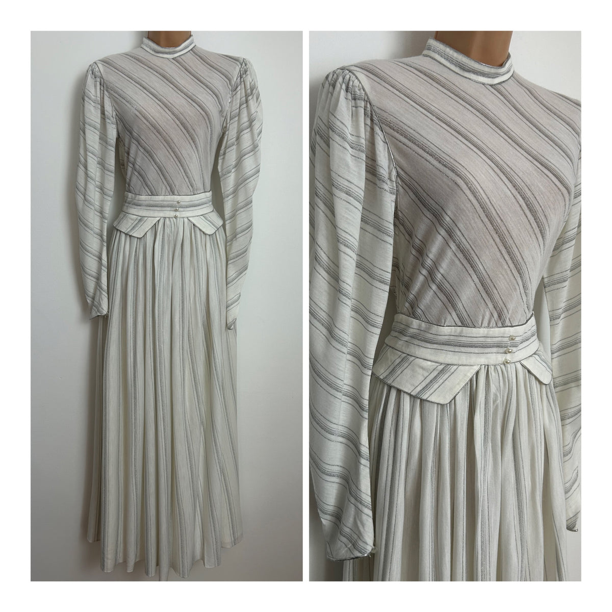Vintage 1970s PRONUPTIA PARIS Size 6 White & Metallic Silver Stripe Peplum Long Sleeve Maxi Dress