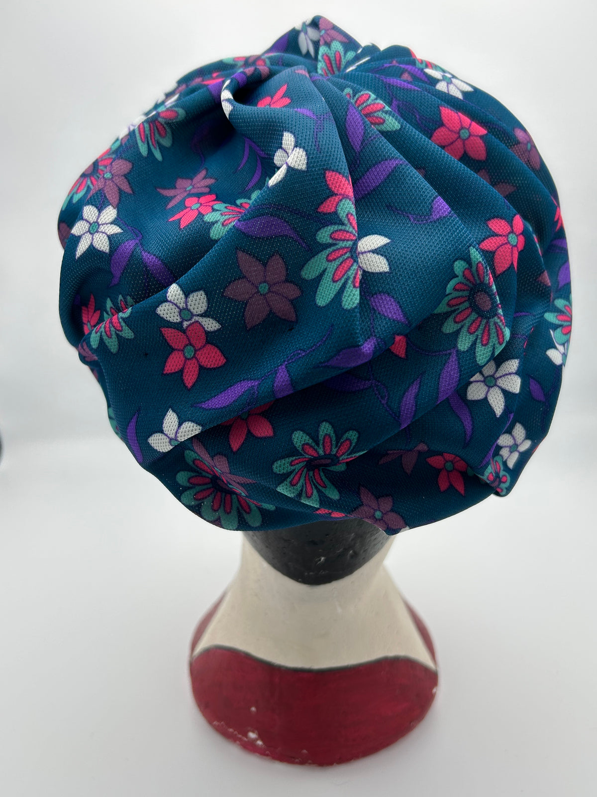 Vintage 1960s Petrol Blue Pink & Purple Floral Print Pleated Turban Style Pill Box Hat