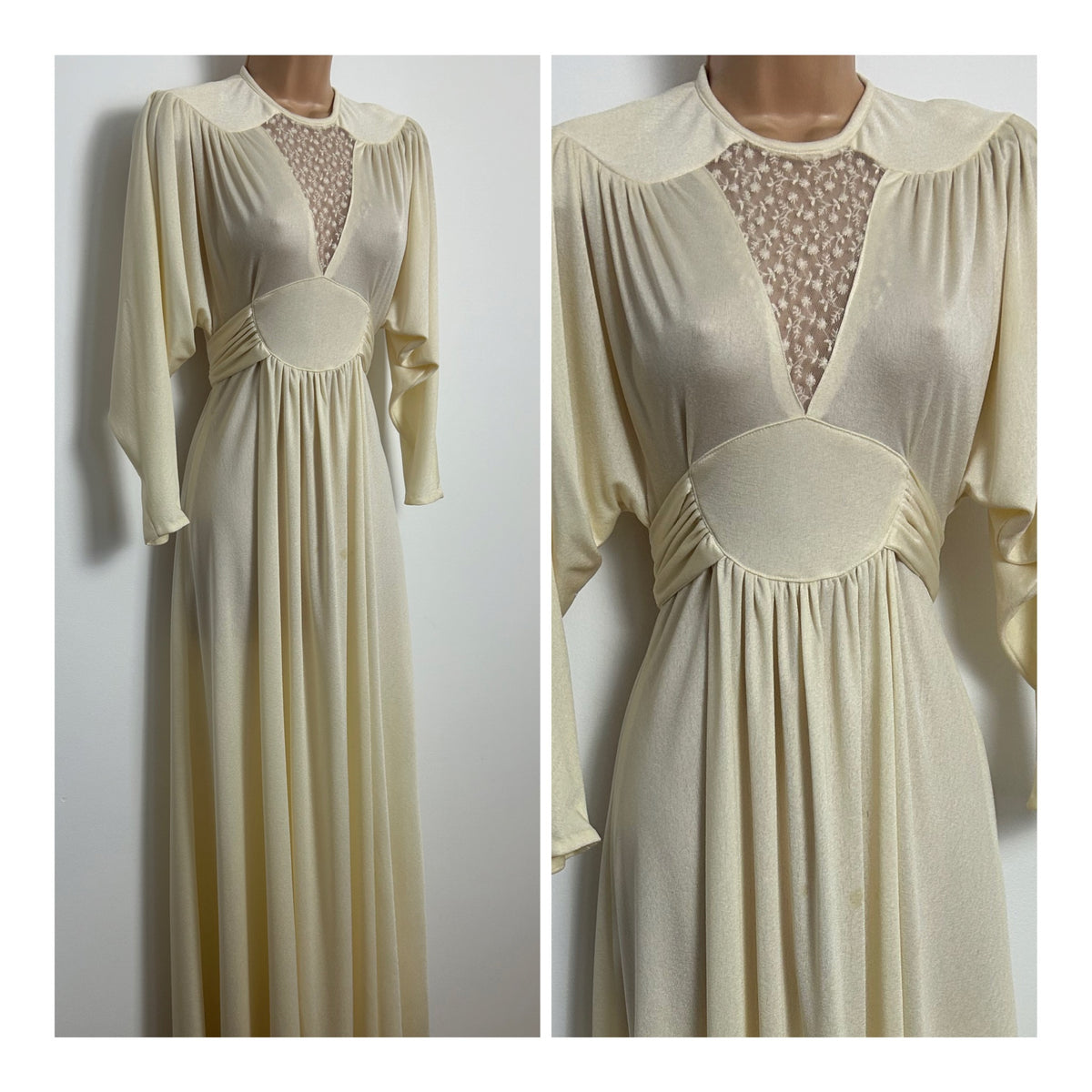 Vintage 1970s MR DARREN Size 8 Cream Lace Panel Grecian Style Draped Sleeve Occasion Wedding Boho Maxi Dress