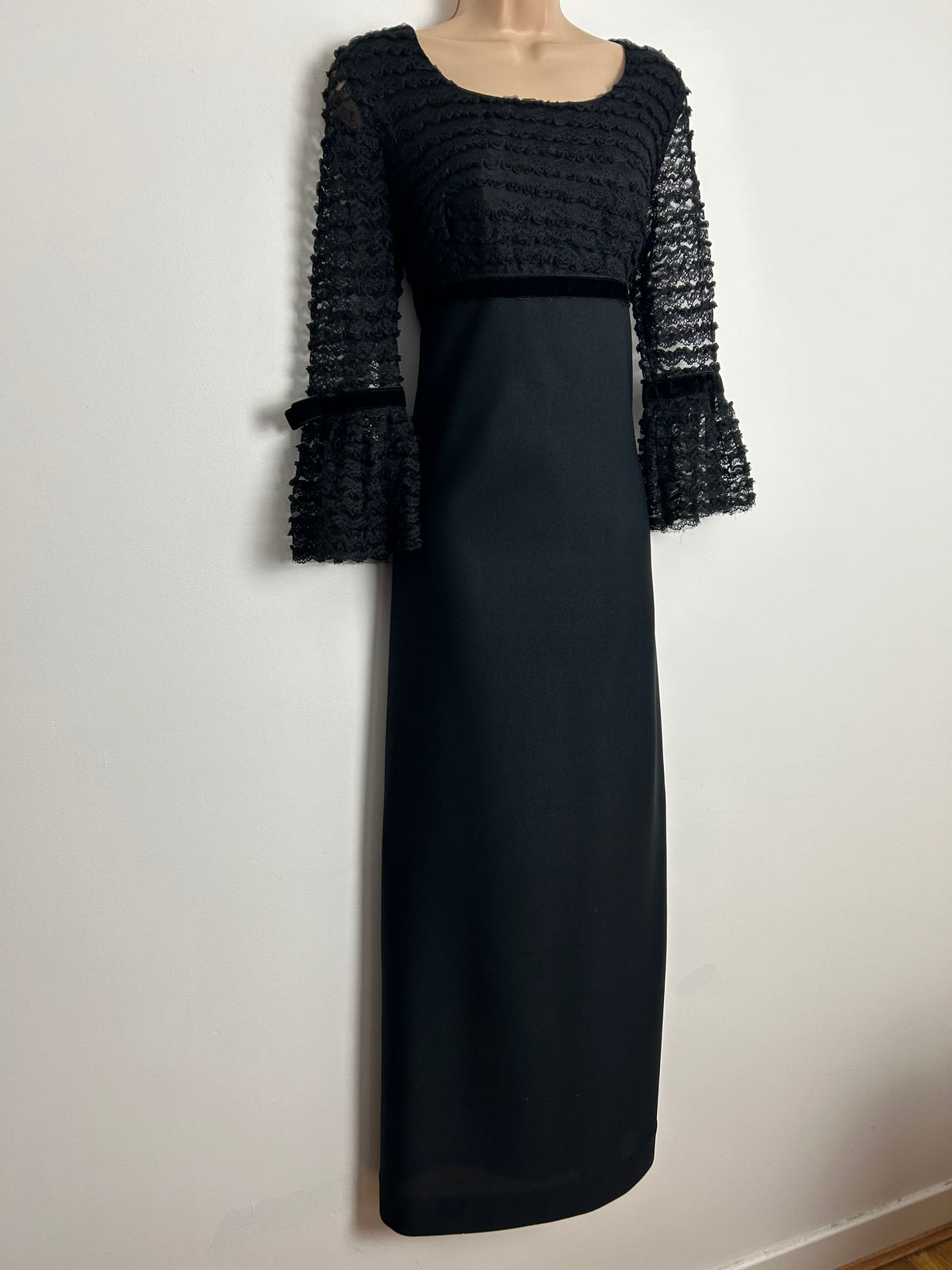 Vintage Late 1960s CHARMONT OF LONDON UK Size 10 Black Lace Bodice Empire Line Boho Occasion Maxi Dress