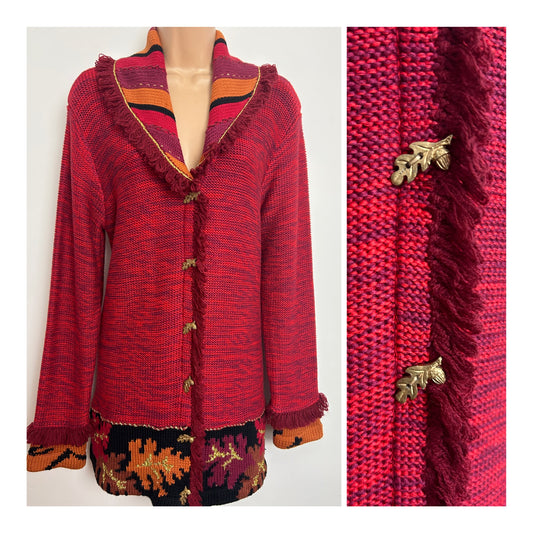 Vintage 1990s STORYBOOK KNITS Size XS (Up To Size 10) Handknitted Dark Red Cosy Cottage Core Autumnal Cardigan With Acorn Leaf Buttons