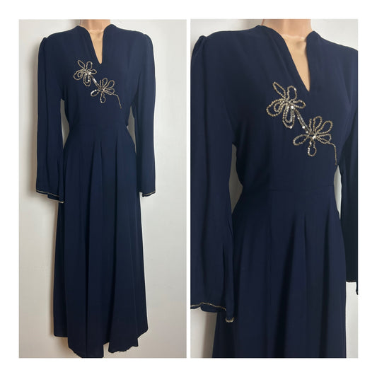 Vintage Original 1940s Size 8-10 Navy Blue Sequin Detail Long Sleeve Occasion Midi Dress