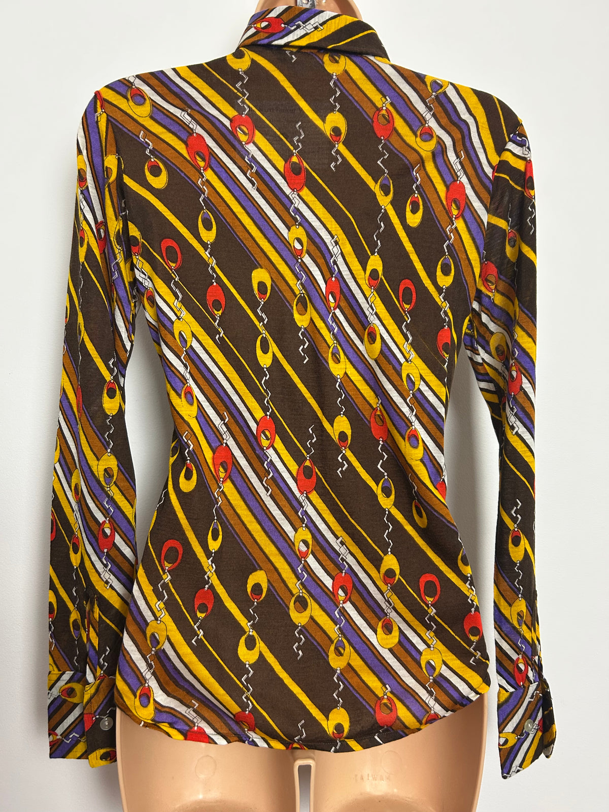 Vintage 1970s SAINT CLOUD Size 6-8 Brown Mustard Red & Purple Abstract Print Beagle Collar Shirt