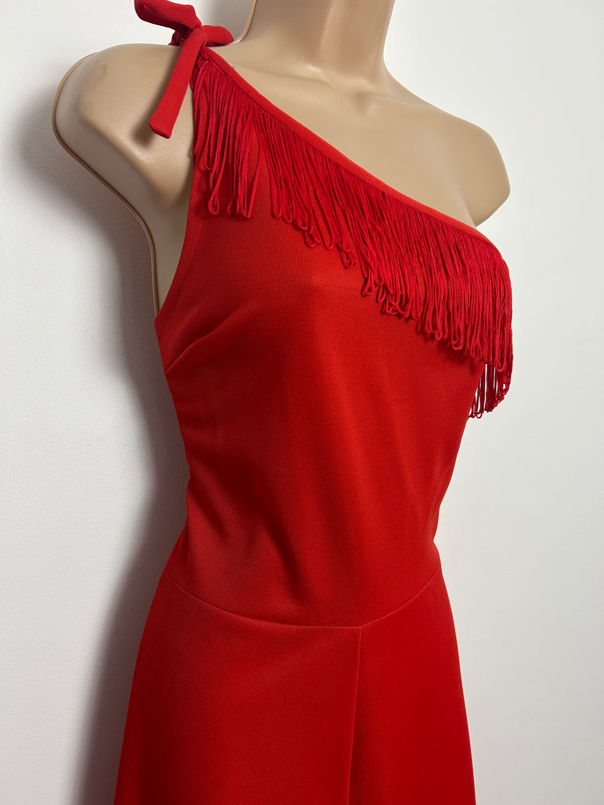 Vintage 1970s Size 8 Fabulous Red One Shoulder Fringe Tassel Wide Leg Occasion Jumpsuit