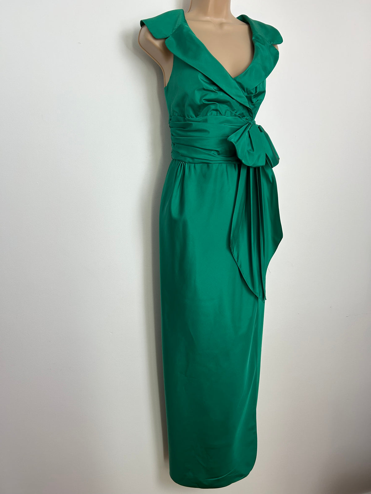 Vintage 1980s FRANK USHER Size 10/12 Emerald Green Shawl Collar Bow Detail Cocktail Dress