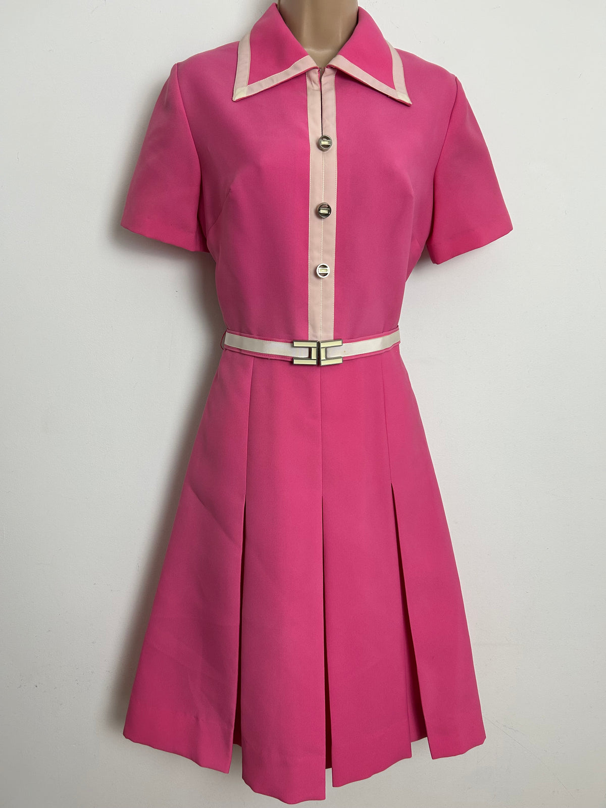Vintage Late 1960s BERNARD FRERES Size 10 Candy Pink Belted Pleated Mod Dress