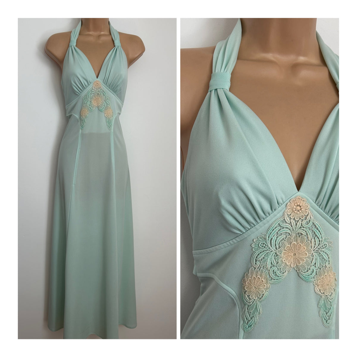 Vintage 1970s Size 6-8 Pale Mint Green Racer Back Lace Applique Detail Summer Maxi Dress