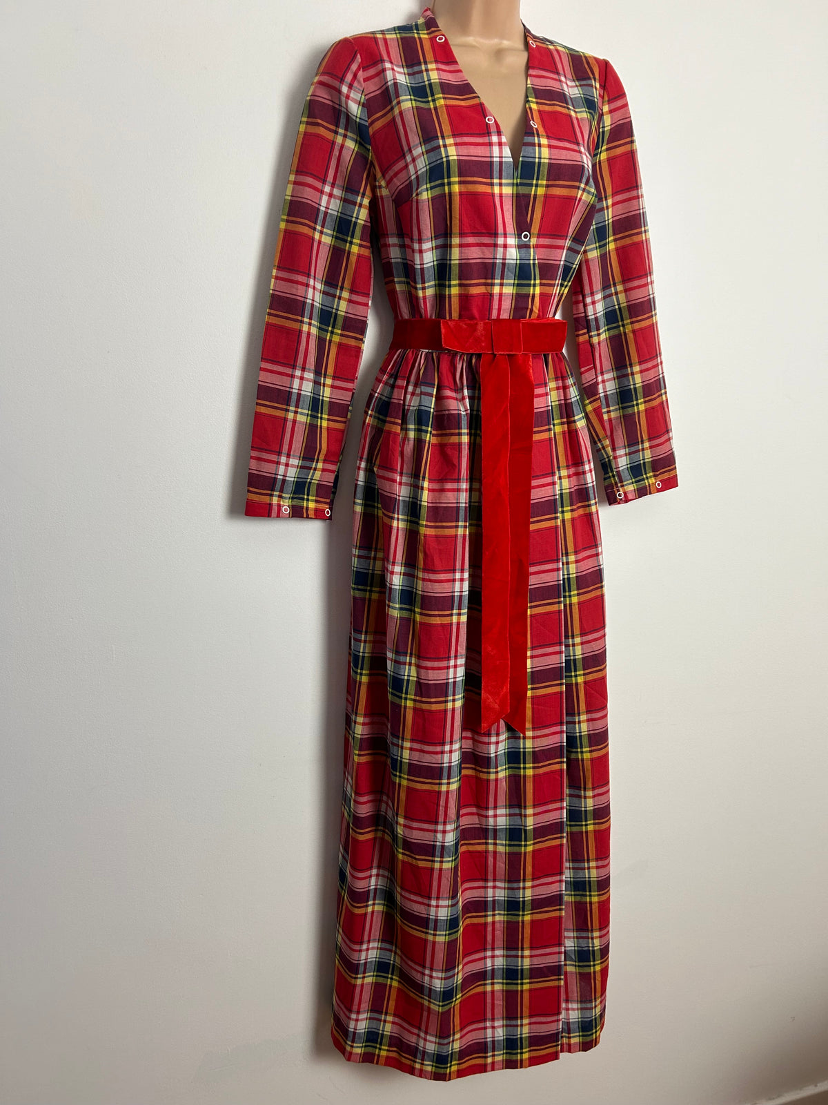 Vintage 1970s FURSTENBERG UK Size 10 Red Tartan Check Removeable Collared Full Wrap Belted Maxi Dress