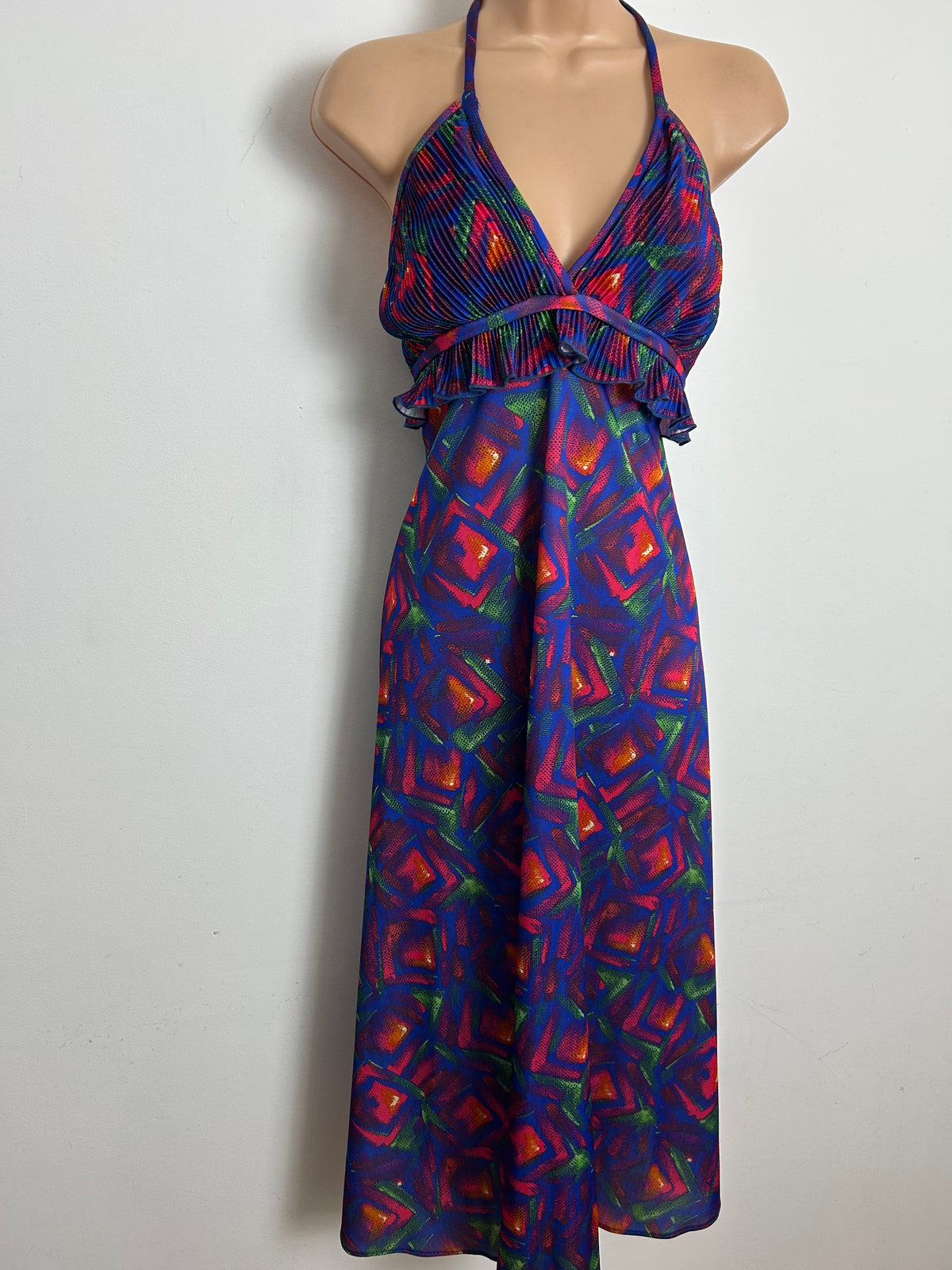 Vintage 1970s AFTER SIX BY RONALD JOYCE Size 10 Blue Red & Green Abstract Check Print Halter Neck Midi Dress