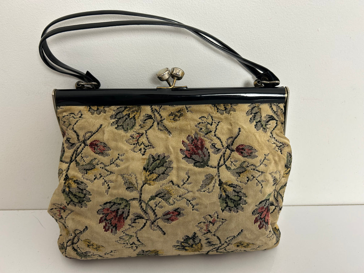 Vintage 1960s Cream & Pink Floral Woven Carpet Kiss Lock Bag