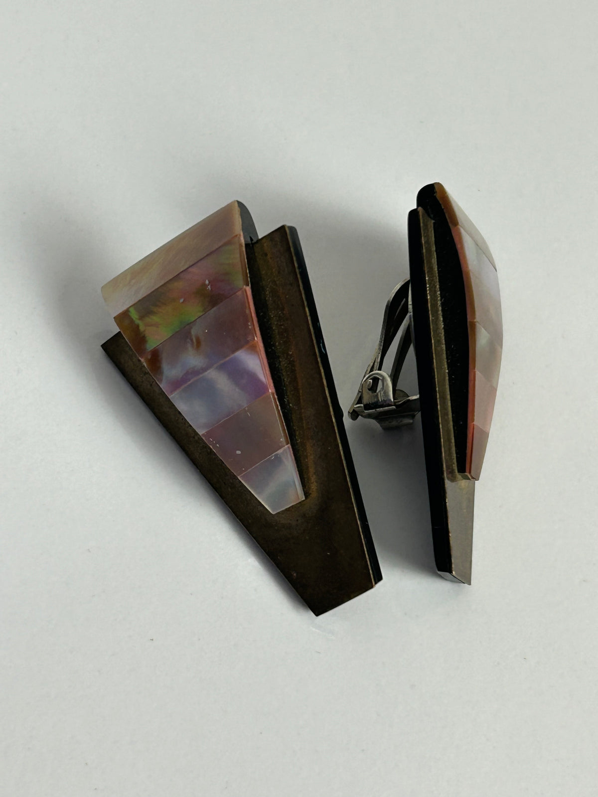 Vintage 1980s Brass Plastic & Mother Of Pearl Art Deco Style Clip On Earrings