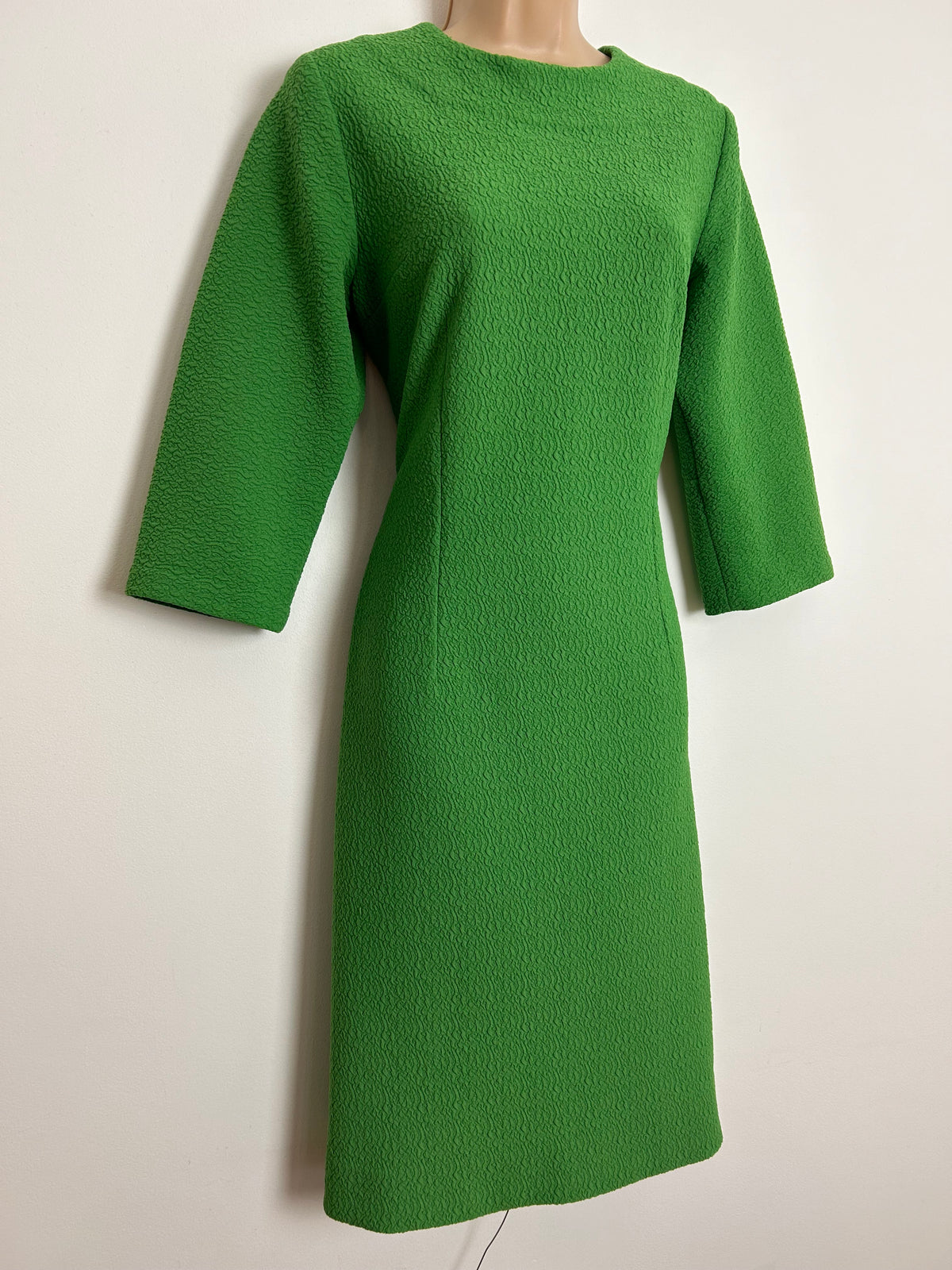 Vintage 1960s UK Size 10-12 Green Crimplene Polyester 3/4 Sleeve Mod Shift Dress