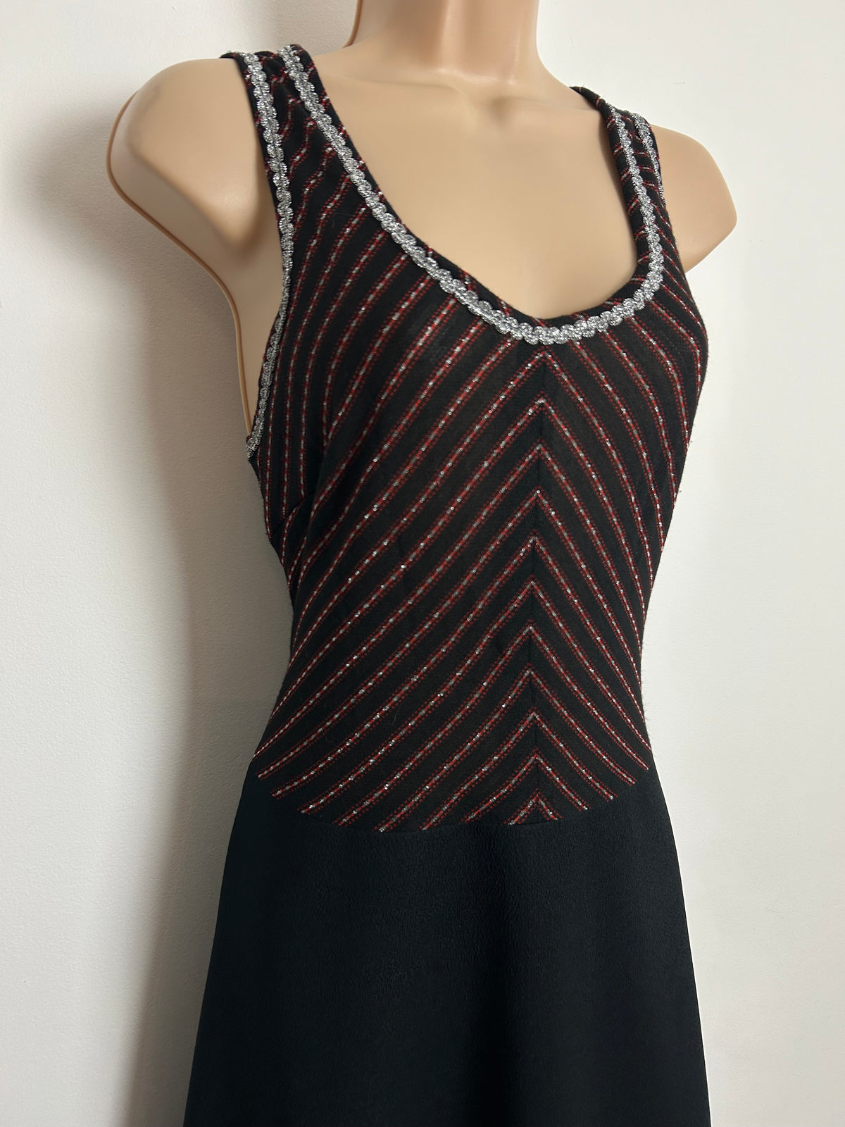 Vintage 1970s Size 14 Black Red & Silver Stripe Braid Trim Evening Party Maxi Dress