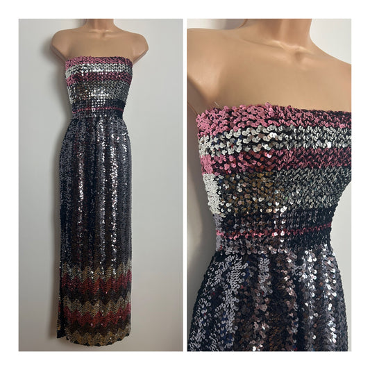 Vintage Late 1970s Up To Size 10 Black Silver Pink & Purple Sequin Strapless Evening Maxi Dress