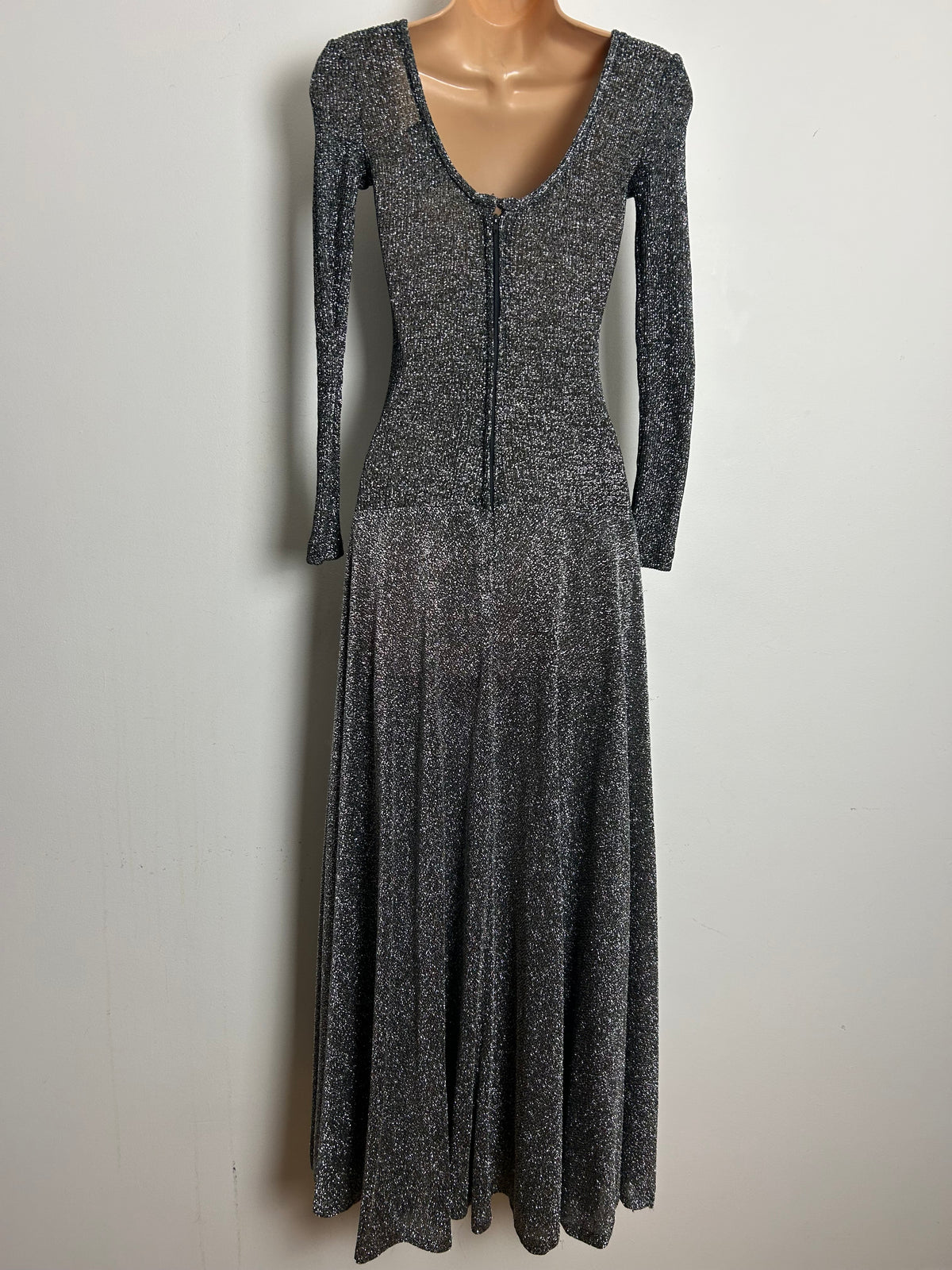 Vintage 1970s JOHN MARKS Up To Size 10 Black Silver Lurex Long Sleeve Evening Maxi Dress