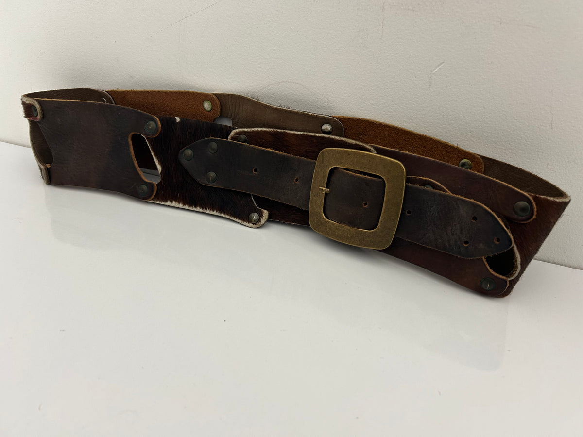 Vintage 1970s Real Leather & Hair On Hide Panels Western Cowgirl Wide Belt 32" Waist