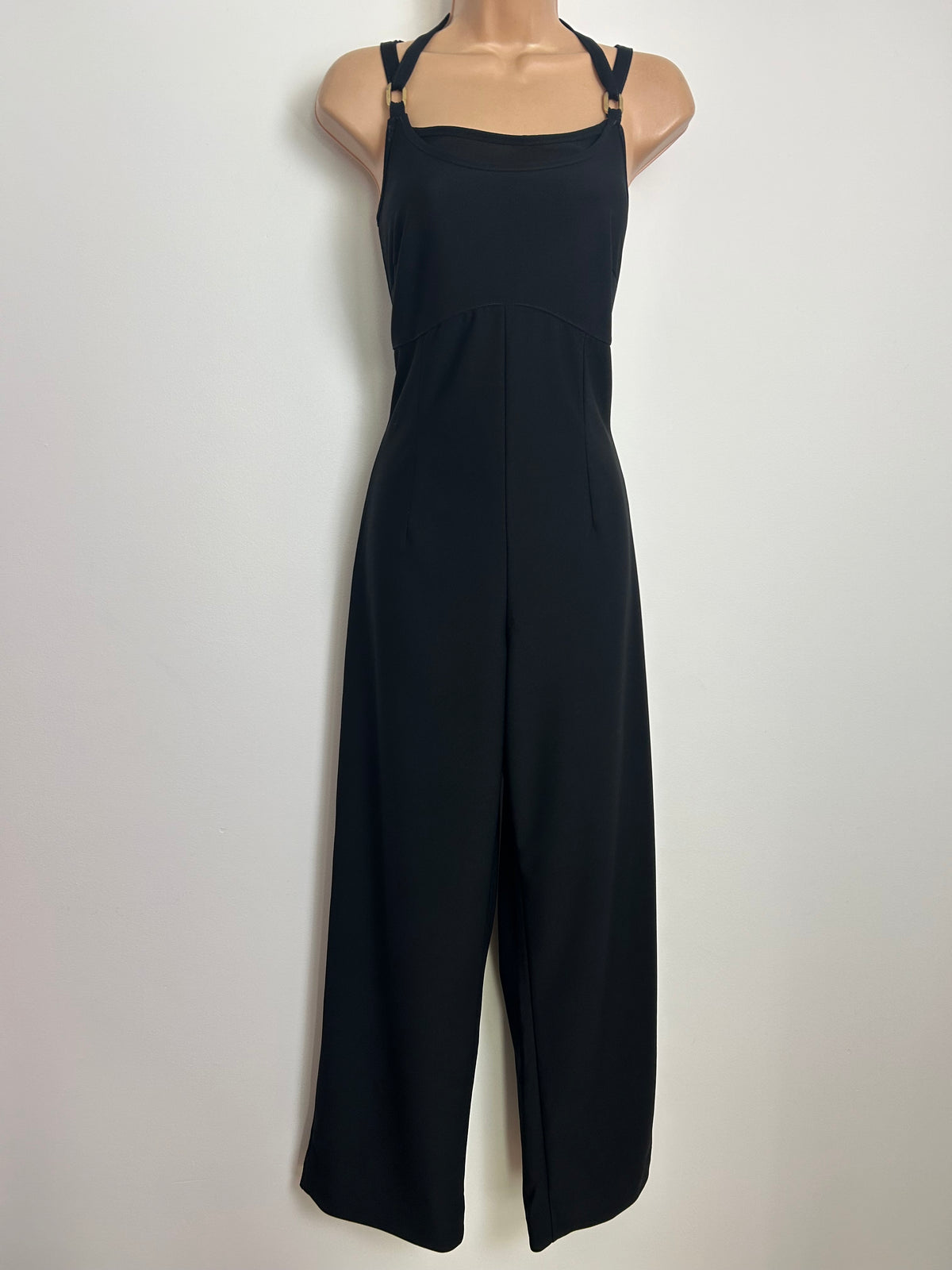 Vintage Late 1970s Size 8 Black Strappy Wide Straight Leg Jumpsuit
