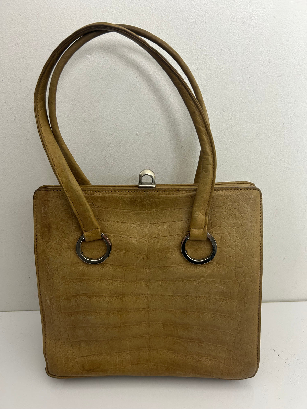 Vintage 50s 60s Beige Leather Double Top Handle Kelly Bag