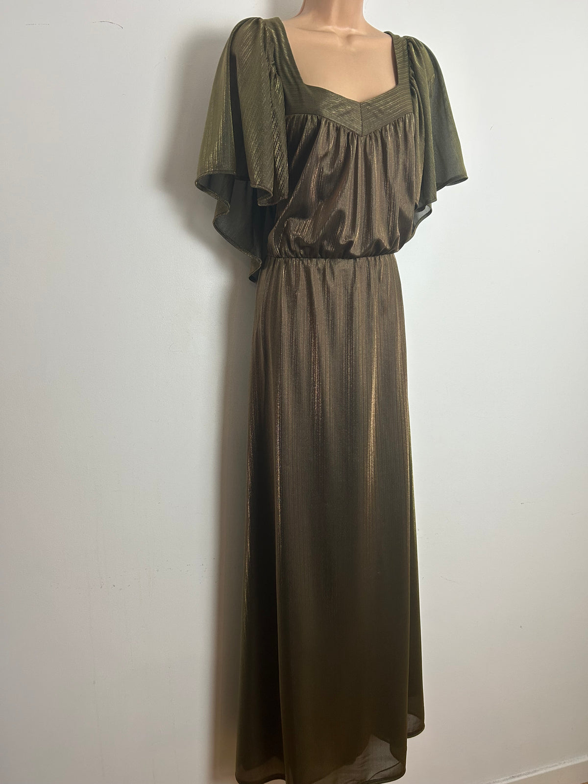 Vintage 1970s Size 14 Dark Shimmery Gold Cape Sleeve Occasion Maxi Dress
