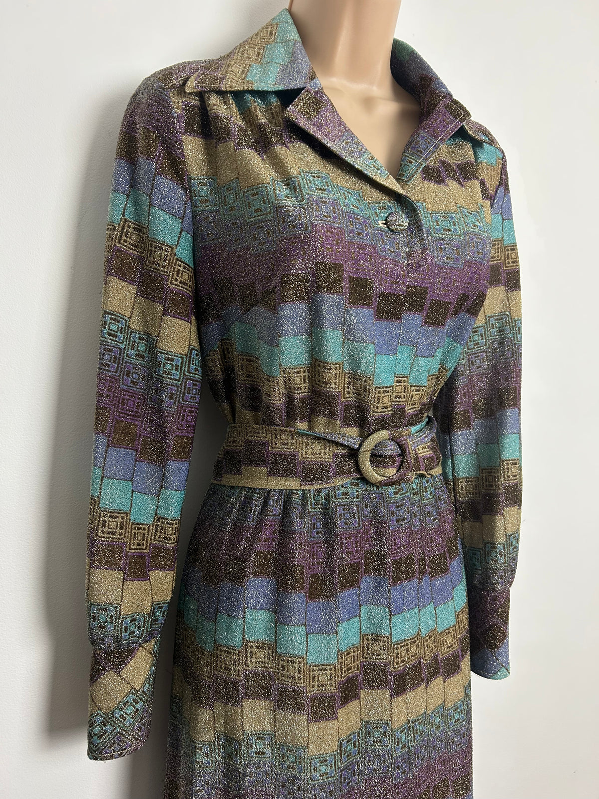 Vintage 1970s Size 12 Blue Beige & Plum Purple Geo Print Lurex Belted Occasion Maxi Dress